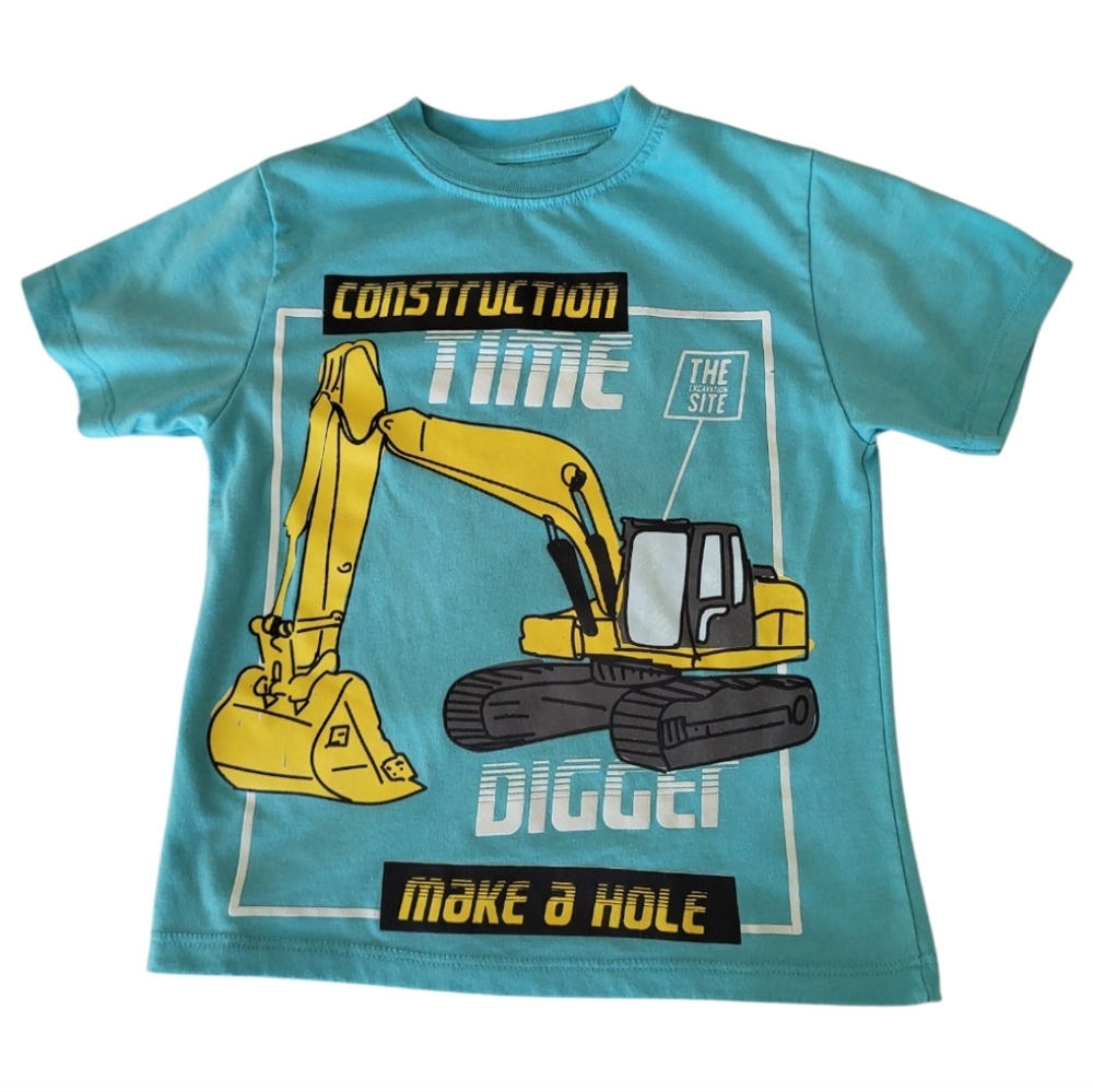 Kids Blue and Yellow Construction Theme Short Sleeve Tee -Size 4